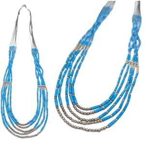 Vintage Native American necklace Multi Strand Liquid Silver Turquoise Bead 925
